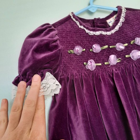 Vtg 90s Smocked Purple Velvet Cottagecore Baby Dress with Rosettes, 24 mo - Picture 2 of 9
